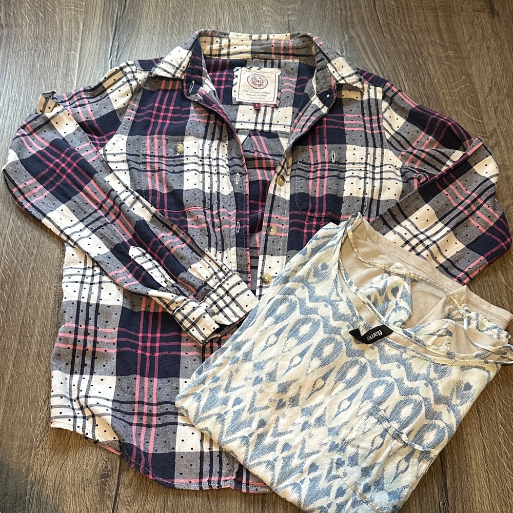 SO Women's Plaid Button Down Shirt - Black, Red, and White